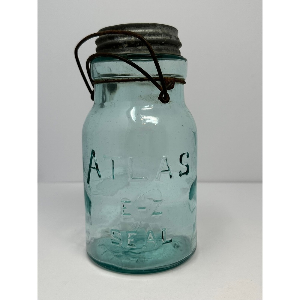 Vintage Atlas EZ Seal Aqua Blue Glass Mason Jar with Zinc Lid and Wire Bail A2